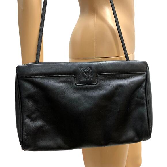 70s 80s Anne Klein Black Leather Shoulder Bag w Lion Face Logo - Picture 1 of 10